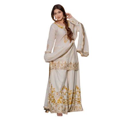 SHAFNUFAB WOMEN'S Art Silk Stiched Suit (SF251192-M SIZE White Medium )