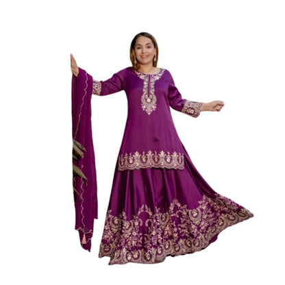 SHAFNUFAB WOMEN'S Art Silk Stiched Suit (SF251193-M SIZE Purple Medium )