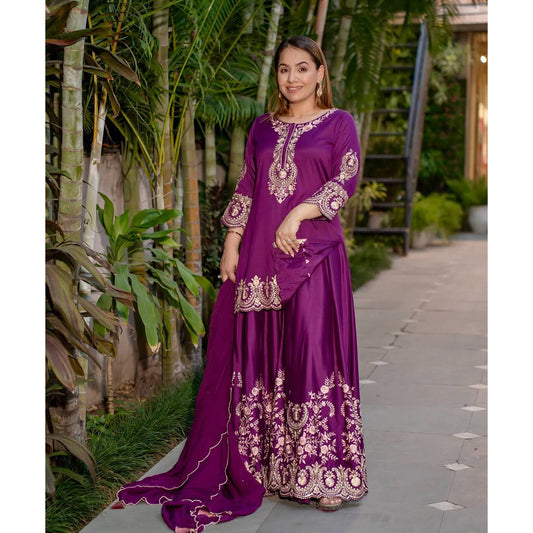 SHAFNUFAB WOMEN'S Art Silk Stiched Suit (SF251193-M SIZE Purple Medium )