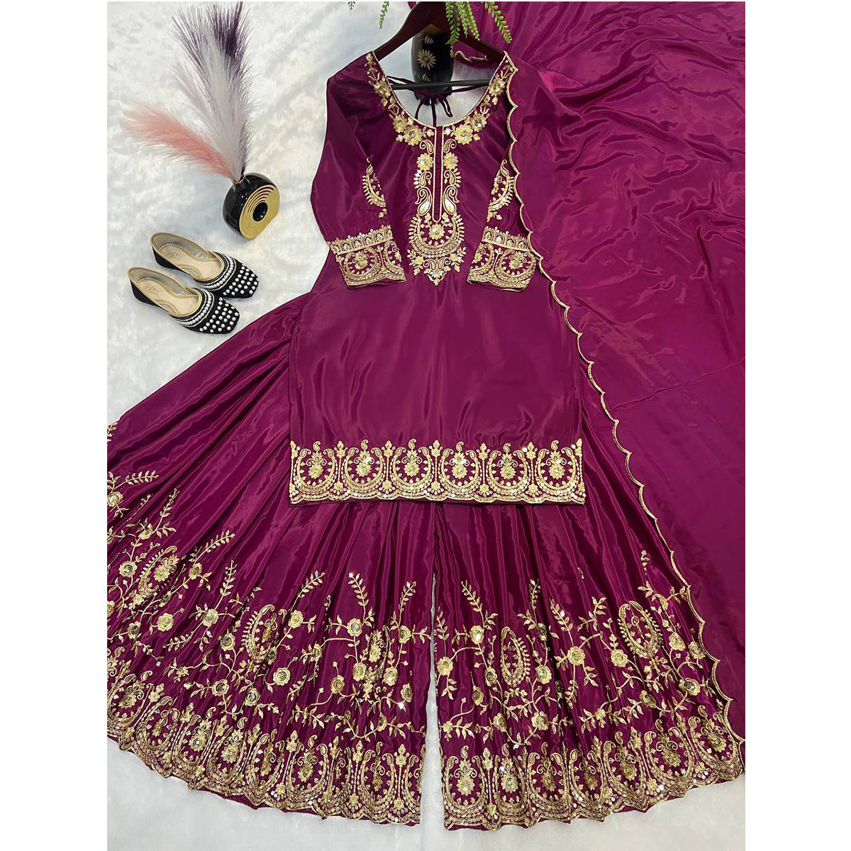 SHAFNUFAB WOMEN'S Art Silk Stiched Suit (SF251193-M SIZE Purple Medium )
