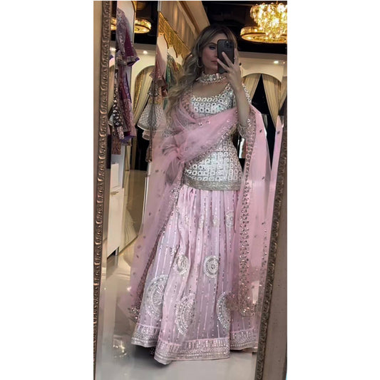 SHAFNUFAB WOMEN'S Georgette Stiched Suit (SF251194-M SIZE Pink Medium )