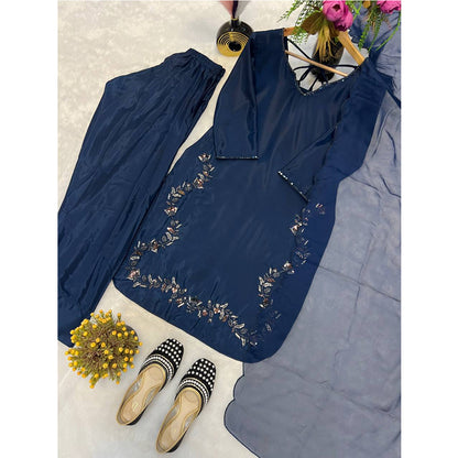 SHAFNUFAB WOMEN'S Art Silk Stiched Suit (SF251195-M SIZE Blue Medium )