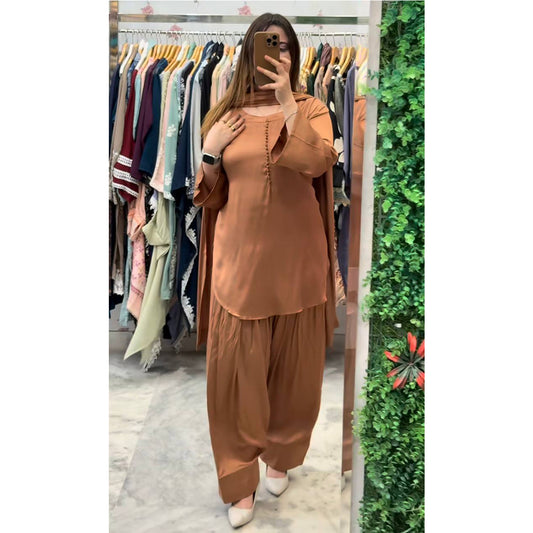 SHAFNUFAB WOMEN'S Art Silk Stiched Suit (SF251198-M SIZE Brown Medium )