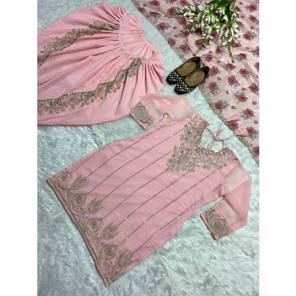 SHAFNUFAB WOMEN'S Georgette Stiched Suit (SF25153 Pink Free-Size )