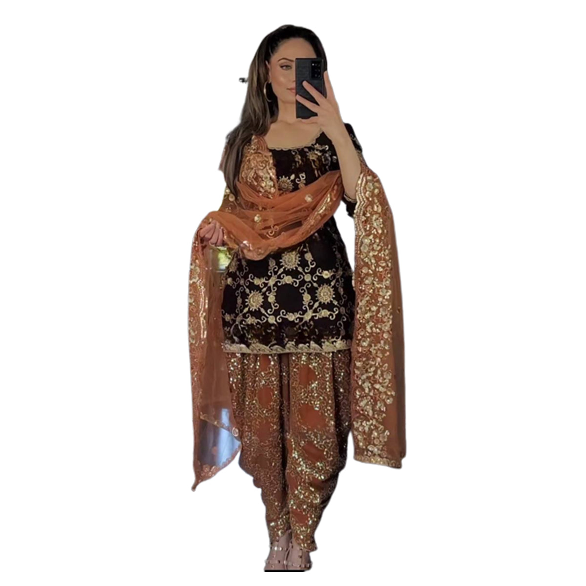 SHAFNUFAB WOMEN'S Georgette Stiched Suit (SF25158 Black Free-Size )