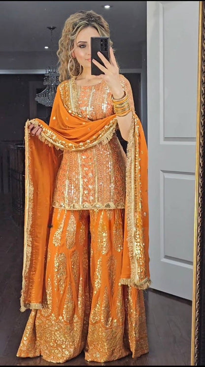 SHAFNUFAB WOMEN'S Georgette Stiched Suit (SF25180-M SIZE Orange Medium )