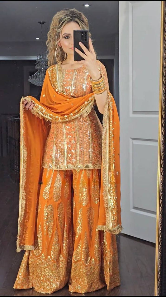 SHAFNUFAB WOMEN'S Georgette Stiched Suit (SF25180-M SIZE Orange Medium )