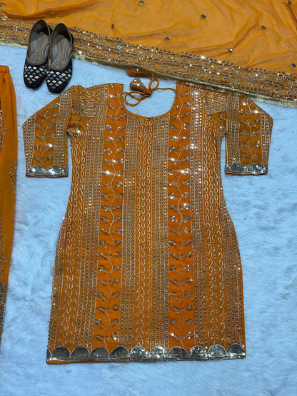 SHAFNUFAB WOMEN'S Georgette Stiched Suit (SF25180-M SIZE Orange Medium )