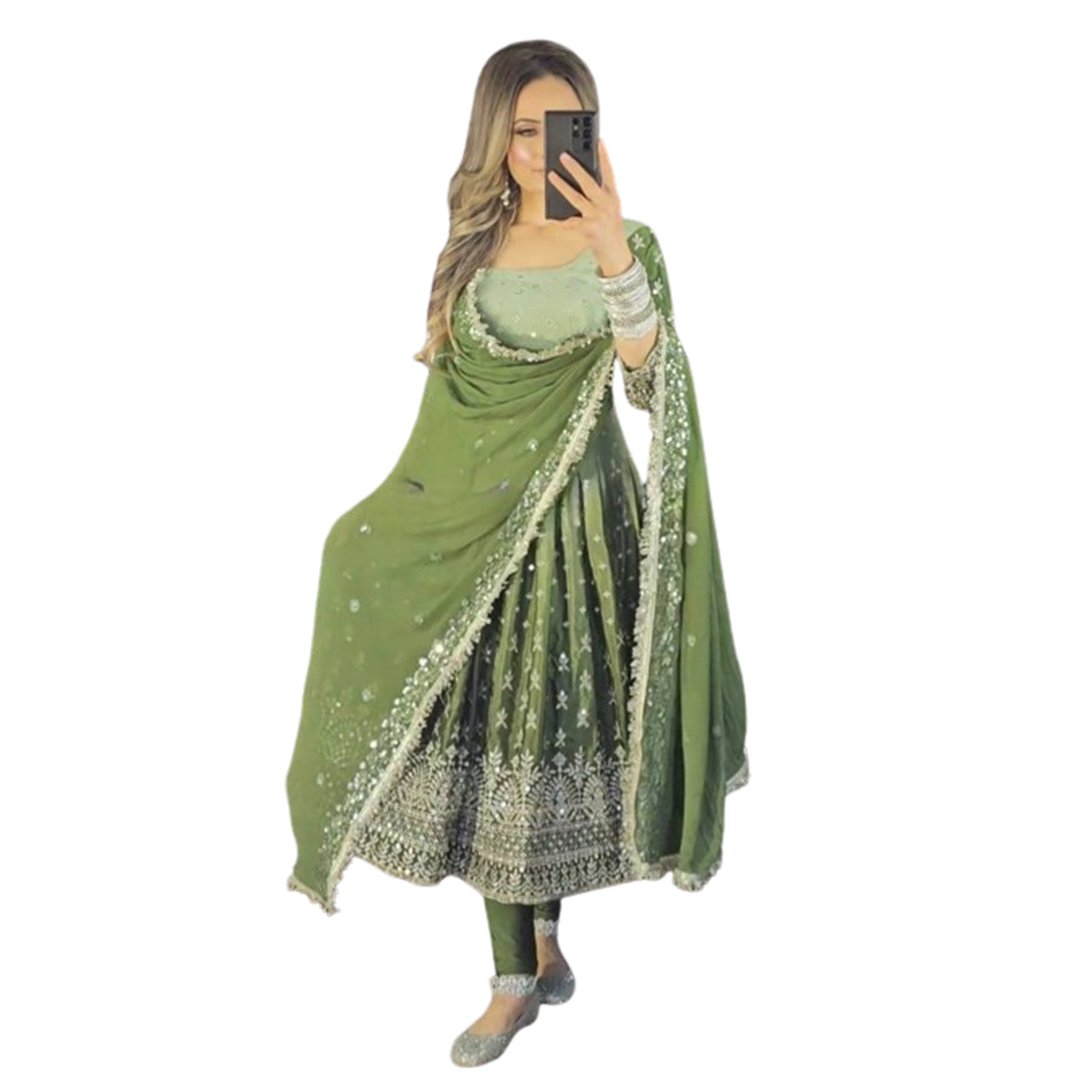 SHAFNUFAB WOMEN'S Georgette Stiched Suit (SF25185-L SIZE Dark Green Large )