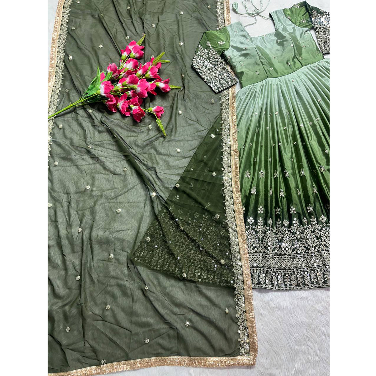 SHAFNUFAB WOMEN'S Georgette Stiched Suit (SF25185-L SIZE Dark Green Large )