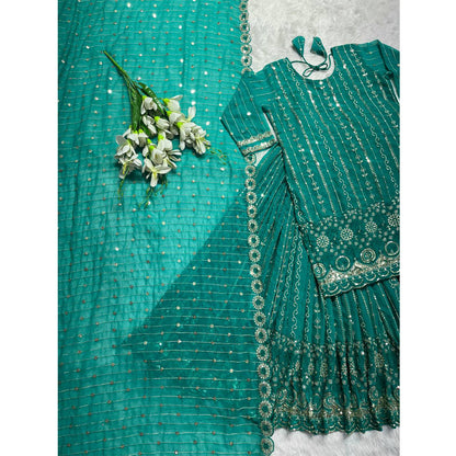 SHAFNUFAB WOMEN'S Georgette Stiched Suit (SF25189-M SIZE Green Medium )