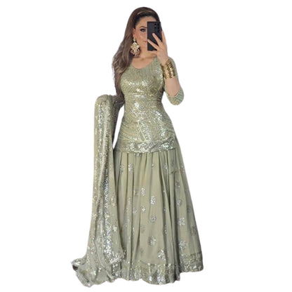 SHAFNUFAB WOMEN'S Georgette Stiched Suit (SF25195-M SIZE Dark Green Medium )