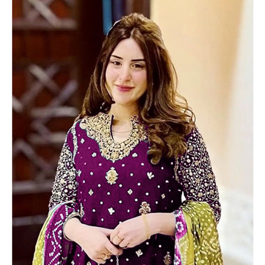 Shafnufab Women's Georgette Semi Stitched Pakistani Suit And Anarkali Suit In Purple Colour SF27190