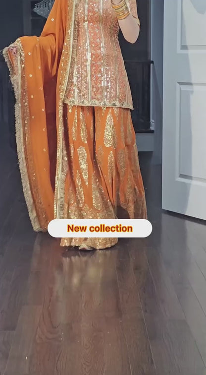 SHAFNUFAB Women's Georgette Ethnic Wear for Women Stitched   Palazzo Salwar Suit SF201490  Diwali Outfit Bridal Orange  Colour Indian Casual Wear Salwar Suit IN Eid