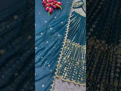 SHAFNUFAB Women Georgette Semi Stitched lehengacholi SF201387  Diwali Outfit Embroidered lehengacholi Set Turquoise  Colour Indian Heavy Lehenga
