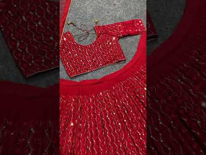 SHAFNUFAB Women Georgette Semi Stitched lehengacholi SF201378  Diwali Outfit Embroidered lehengacholi Set Red  Colour Indian Heavy Lehenga
