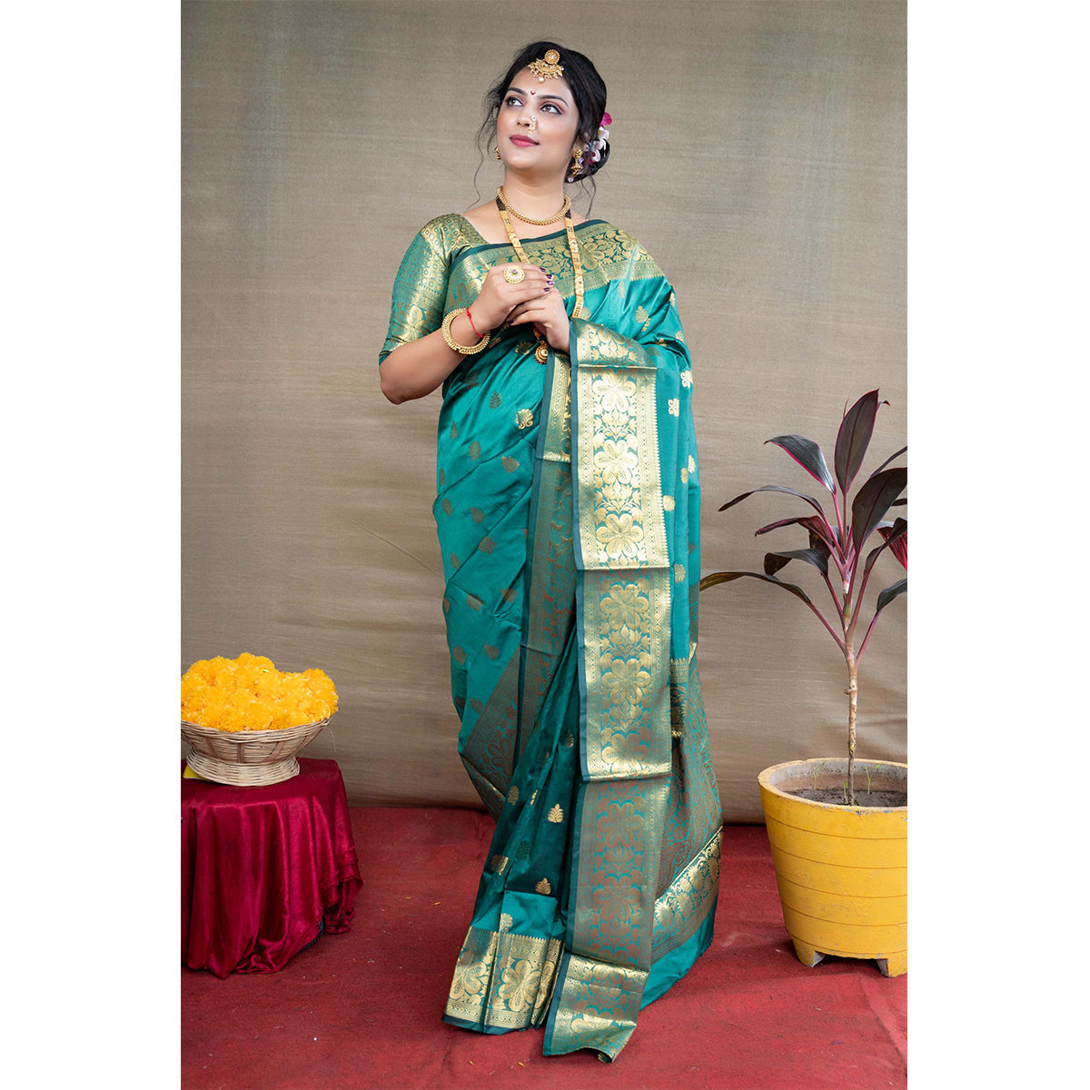 Shafnufab Women's Paithani Silk Saree With Blouse  In  Gold