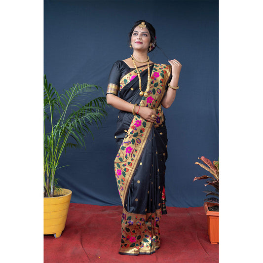 Shafnufab® Women's Paithani Silk Saree With Blouse  In  Black