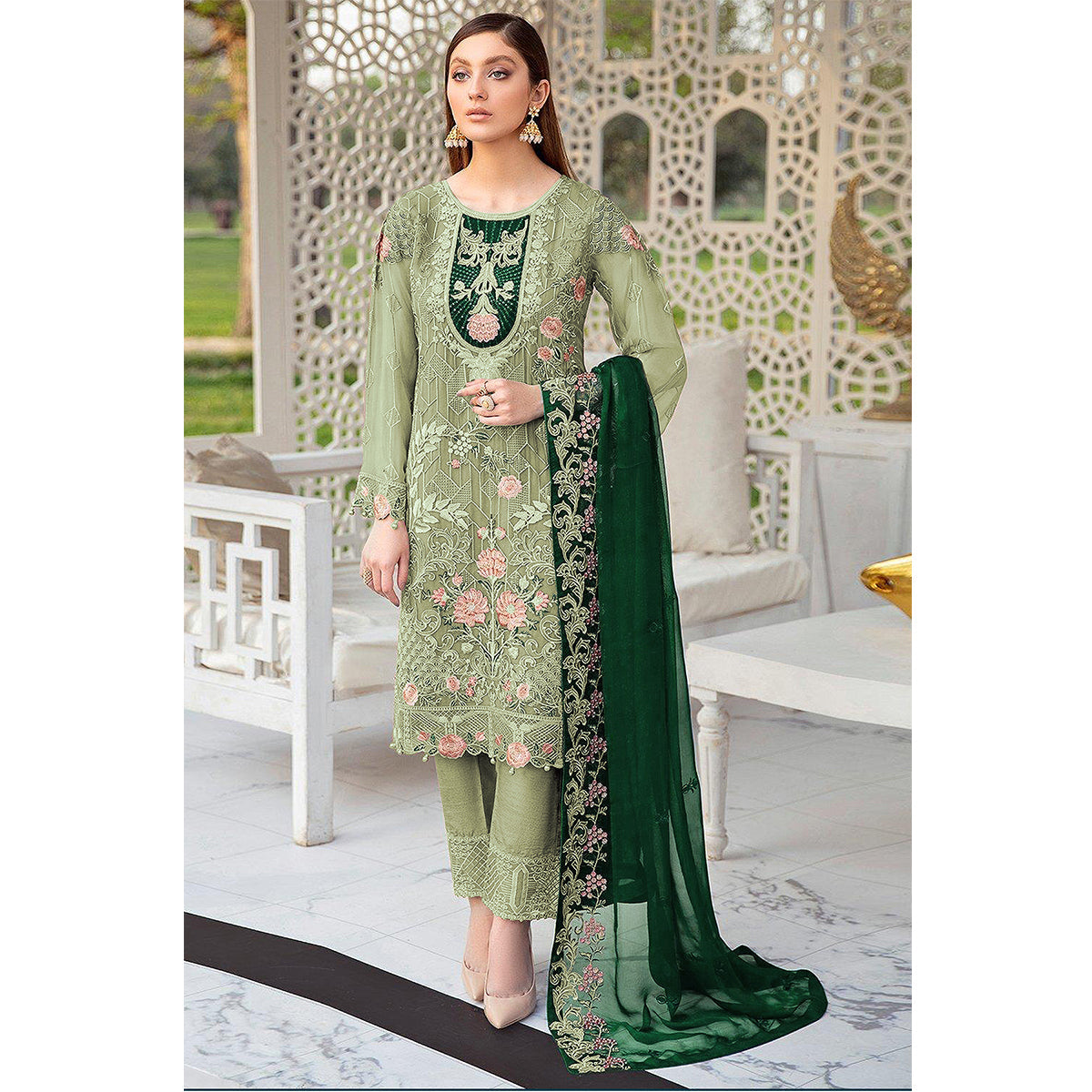 Shafnufab Pakistani Georgette Embroidery Work Green Designer Suit