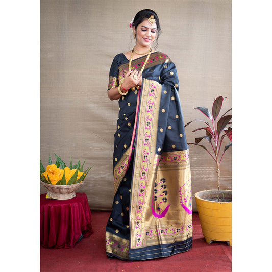 Shafnufab® Women's Paithani Silk Saree With Blouse  In  Dark Blue
