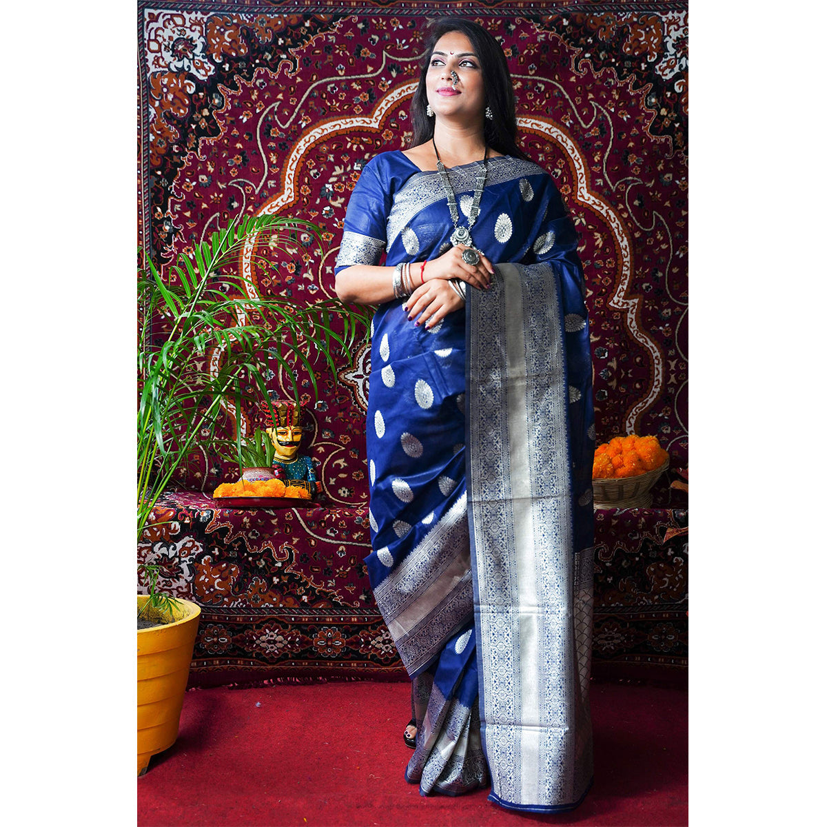 Shafnufab® Women's Tissue Silk Saree With Blouse  In  Blue