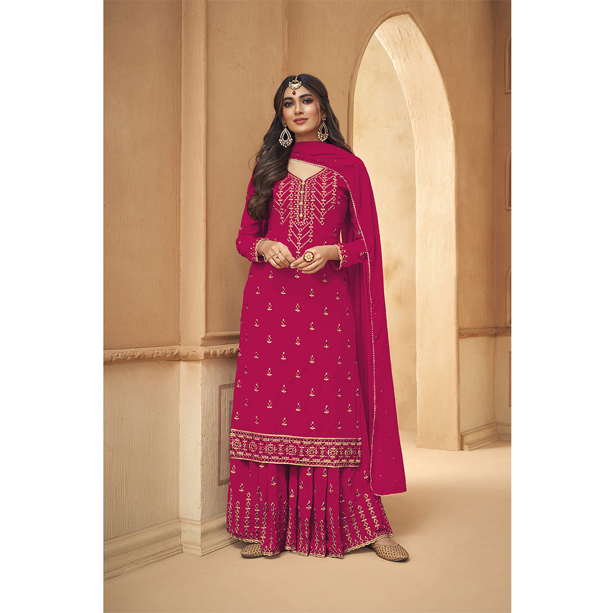 Shafnufab Rani Pink Faux Georgette Embroidered Plazzo  Suit