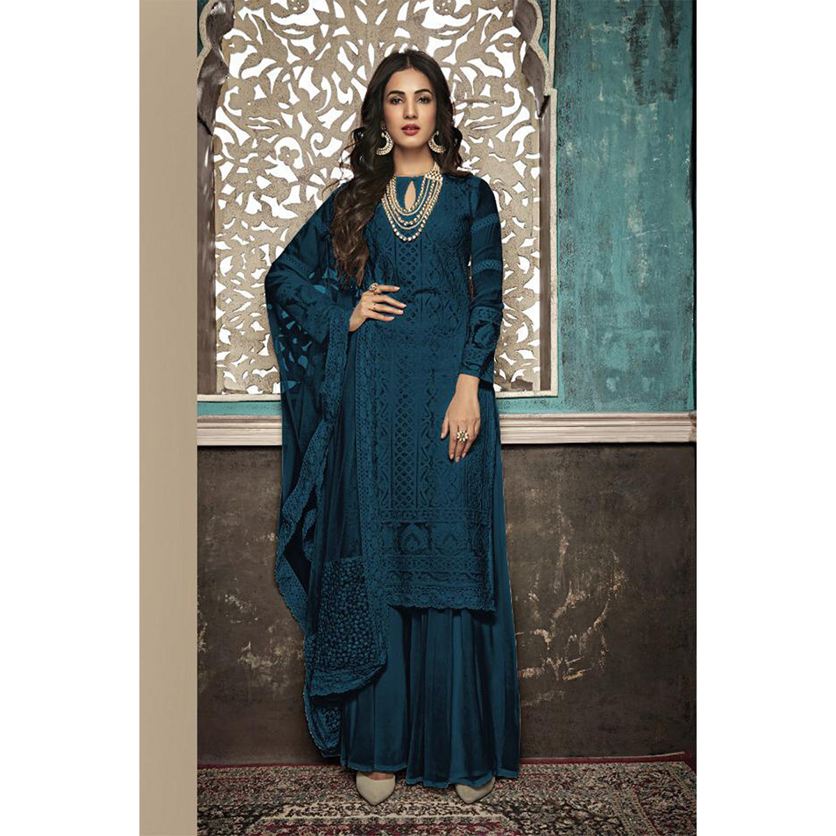 Shafnufab Turquoise  GEORGETTE SEMI STITCHED Plazzo Suit WITH DUPATTA