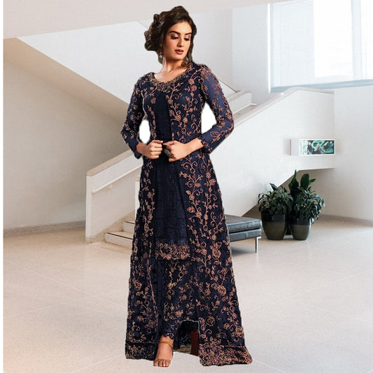 Shafnufab Navy blue heavy net with embroidered work salwar suit with koti