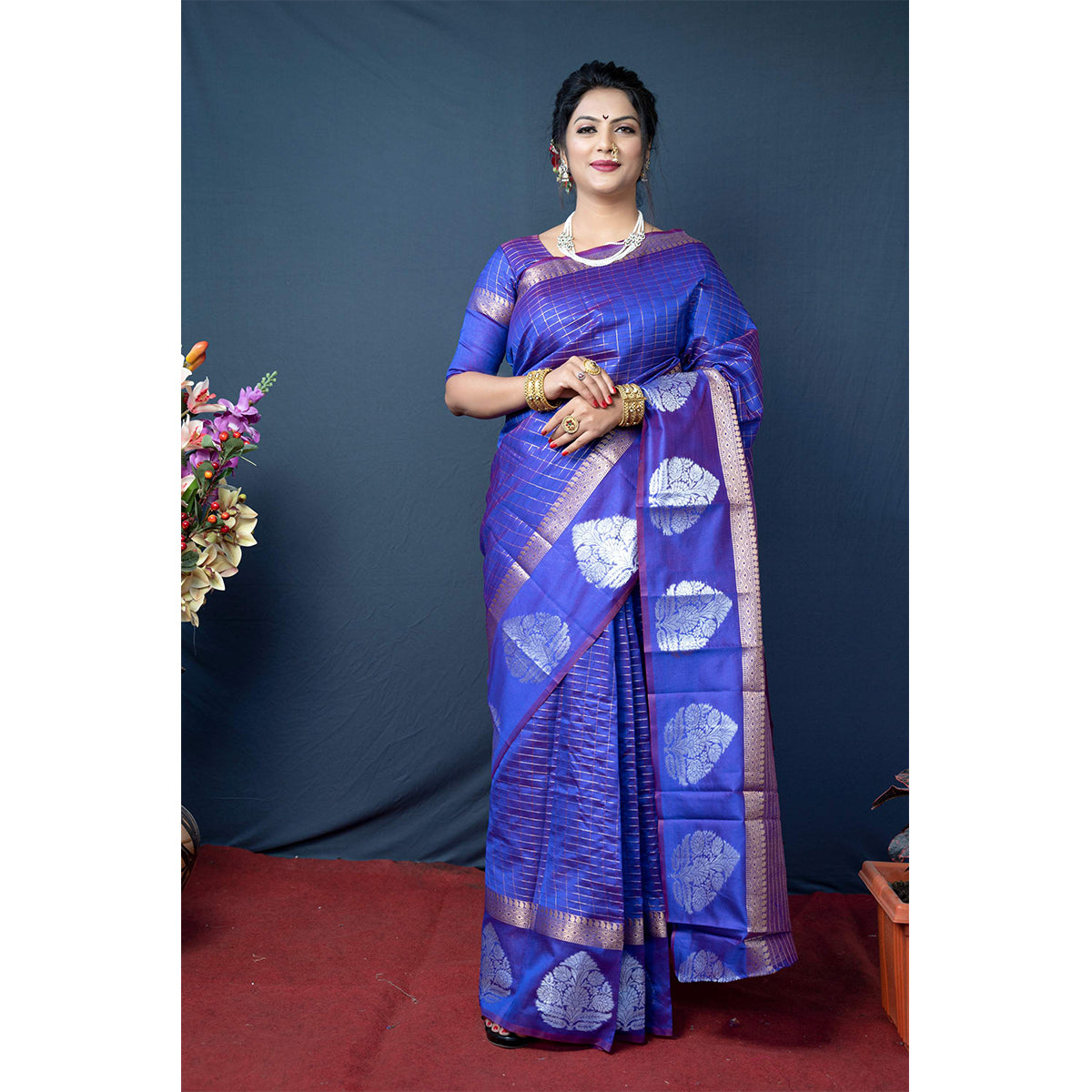 Shafnufab® Women's Paithani Silk Saree With Blouse  In  Light Blue