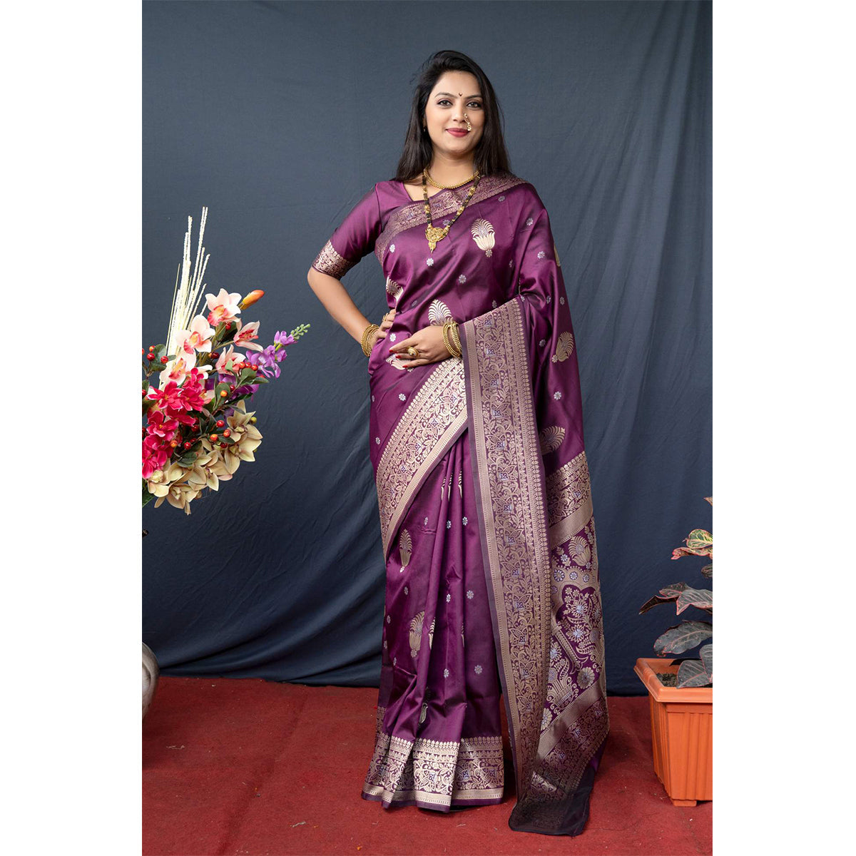 Shafnufab® Women's Paithani Silk Saree With Blouse  In  Purple