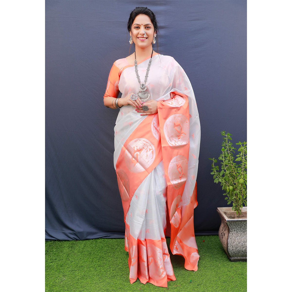 Shafnufab Women's Tissue Silk Saree With Blouse  In  Orange