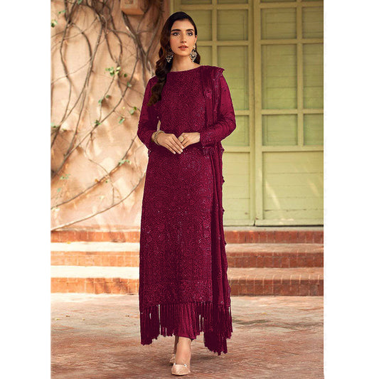 Shafnufab Wine Wedding Reception Wear Heavy Embroidery Work Trouser Pant Suits