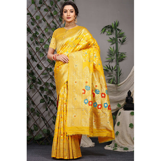 Shafnufab Women's Banarasi Silk Saree With Blouse  In  Gold
