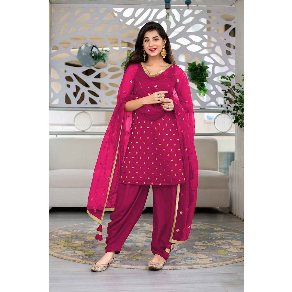 Shafnufab Women's Georgette UnStitched Dress Material Rani pink Salwar Suit