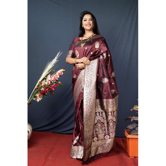 Shafnufab® Women's Paithani Silk Saree With Blouse  In  Maroon