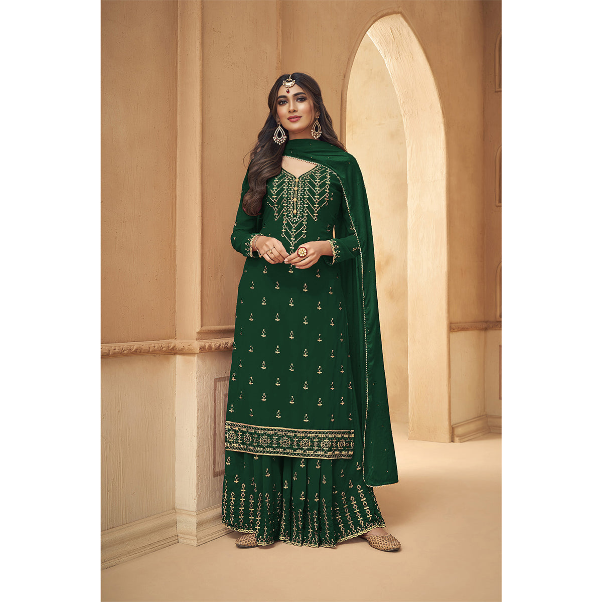 Shafnufab  Green Faux Georgette Embroidered Plazzo  Suit