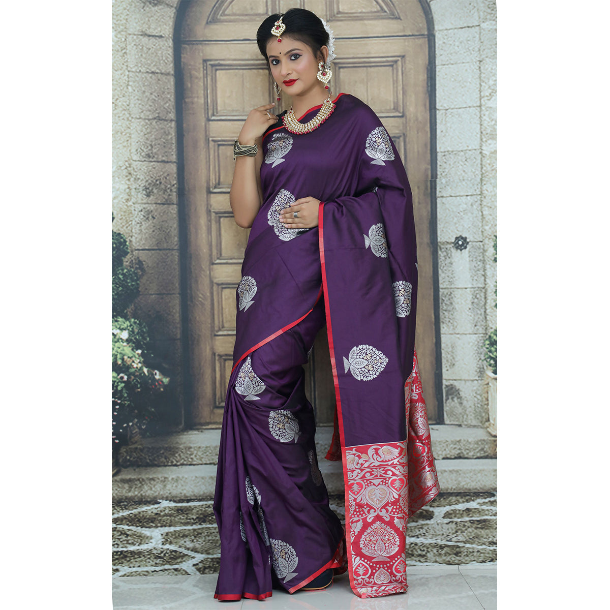 Shafnufab® Women's Linene Silk Saree With Blouse  In  Purple