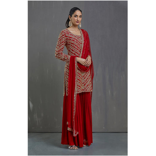 Shafnufab Red Color Stylish Designer Sharara Palazzo Suit Heavy Sequence Work