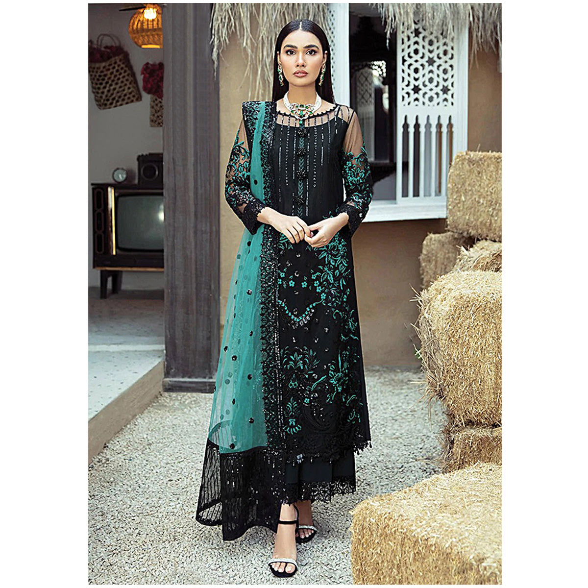 Shafnufab® Women's Turquoise Georgette Embroidered Palazzo Suit