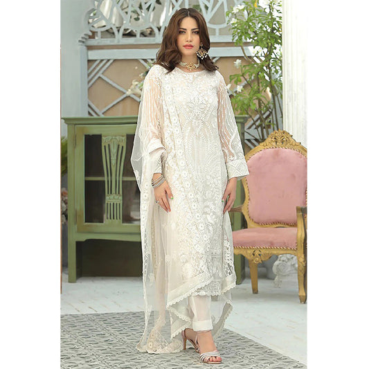 Shafnufab Women's Georgette Semi-Stitched Pakistani Suit In White Colour