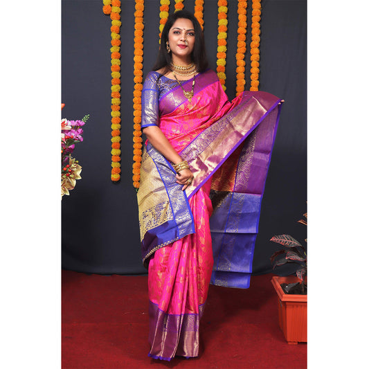 Shafnufab® Women's Paithani Silk Saree With Blouse  In  Pink