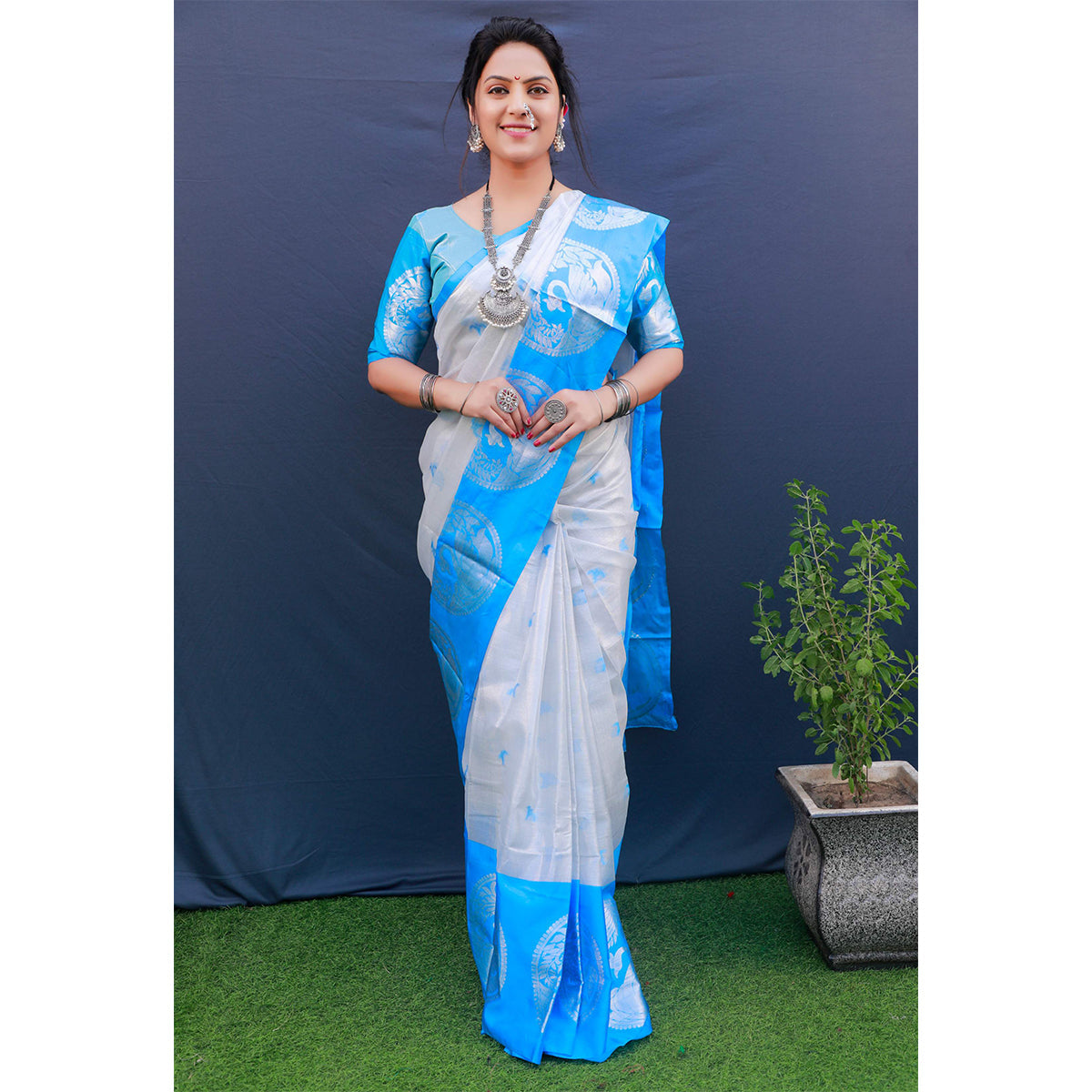 Shafnufab® Women's Tissue Silk Saree With Blouse  In  Light Blue