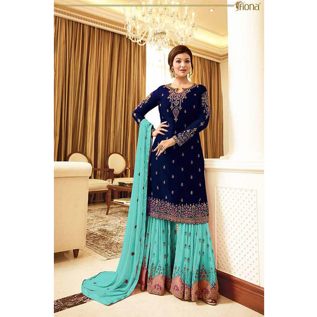 Shafnufab BLUE EMBROIDERED GEORGETTE SEMI STITCHED  Palazzo Suit