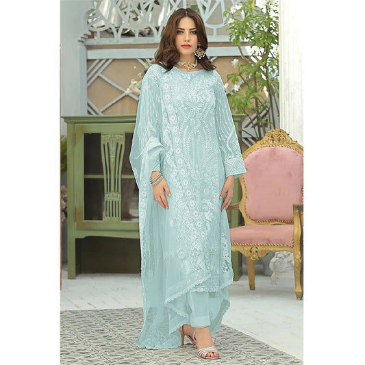 Shafnufab Women's Georgette Semi-Stitched Pakistani Suit In Sky Blue Colour