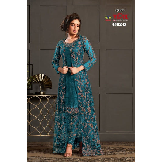 Shafnufab Turquoise heavy net with embroidered work salwar suit with koti