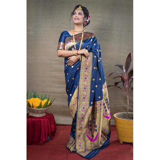 Shafnufab® Women's Paithani Silk Saree With Blouse  In  Blue