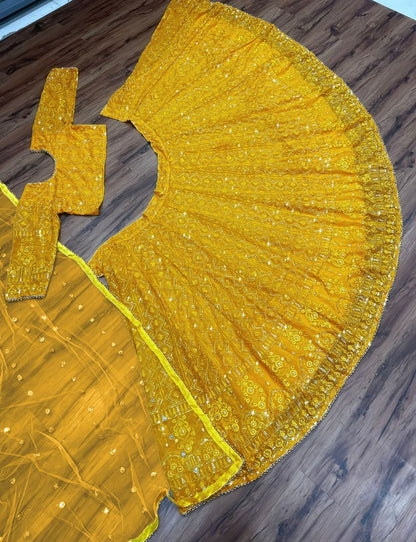 Shafnufab Women's Gorgette Lehenga Choli  In  Yellow  Colour