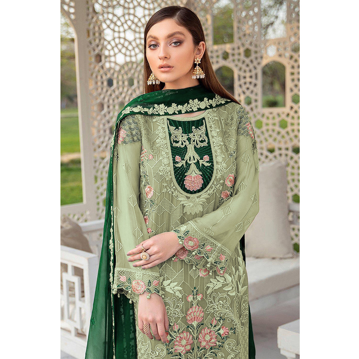 Shafnufab Pakistani Georgette Embroidery Work Green Designer Suit
