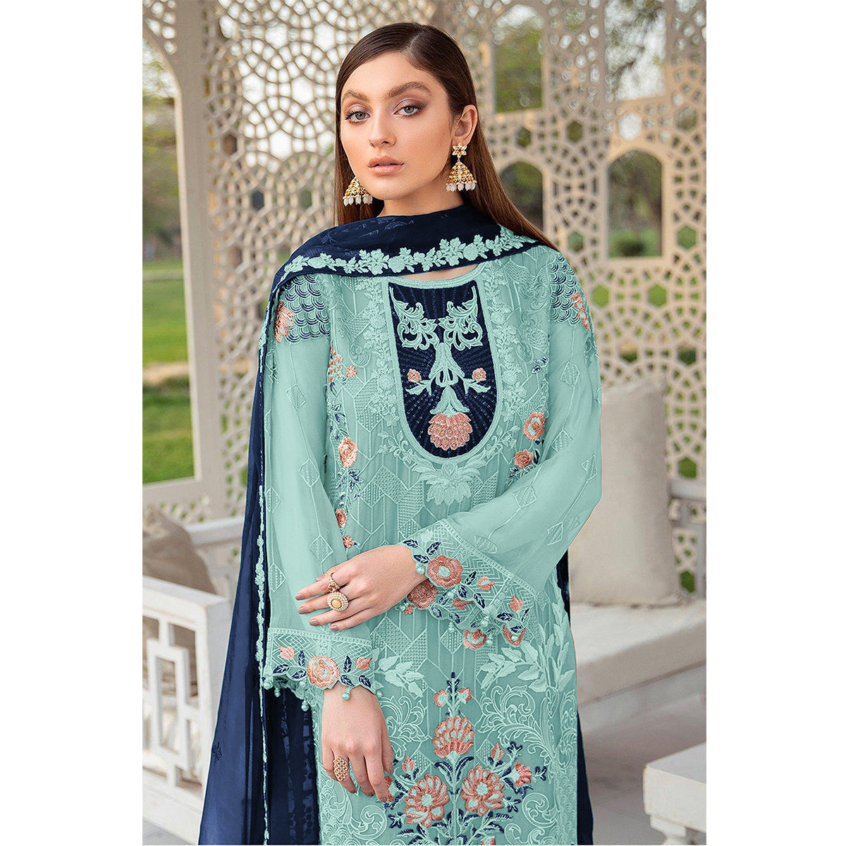 Shafnufab Pakistani Georgette Embroidery Work Sky Blue Designer Suit