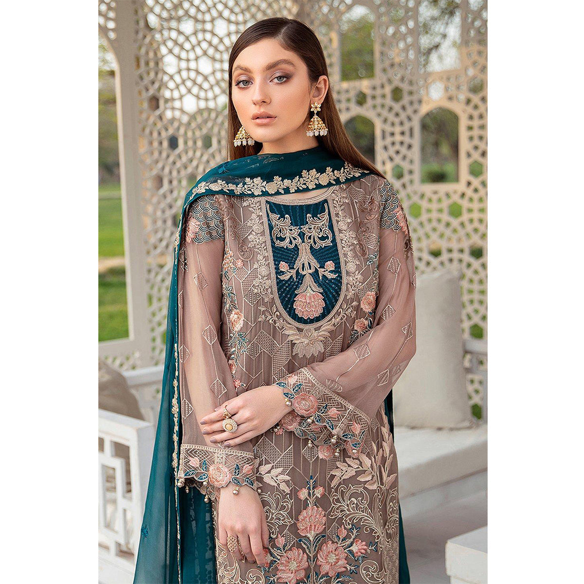 Shafnufab Pakistani Georgette Embroidery Work Beige Designer Suit